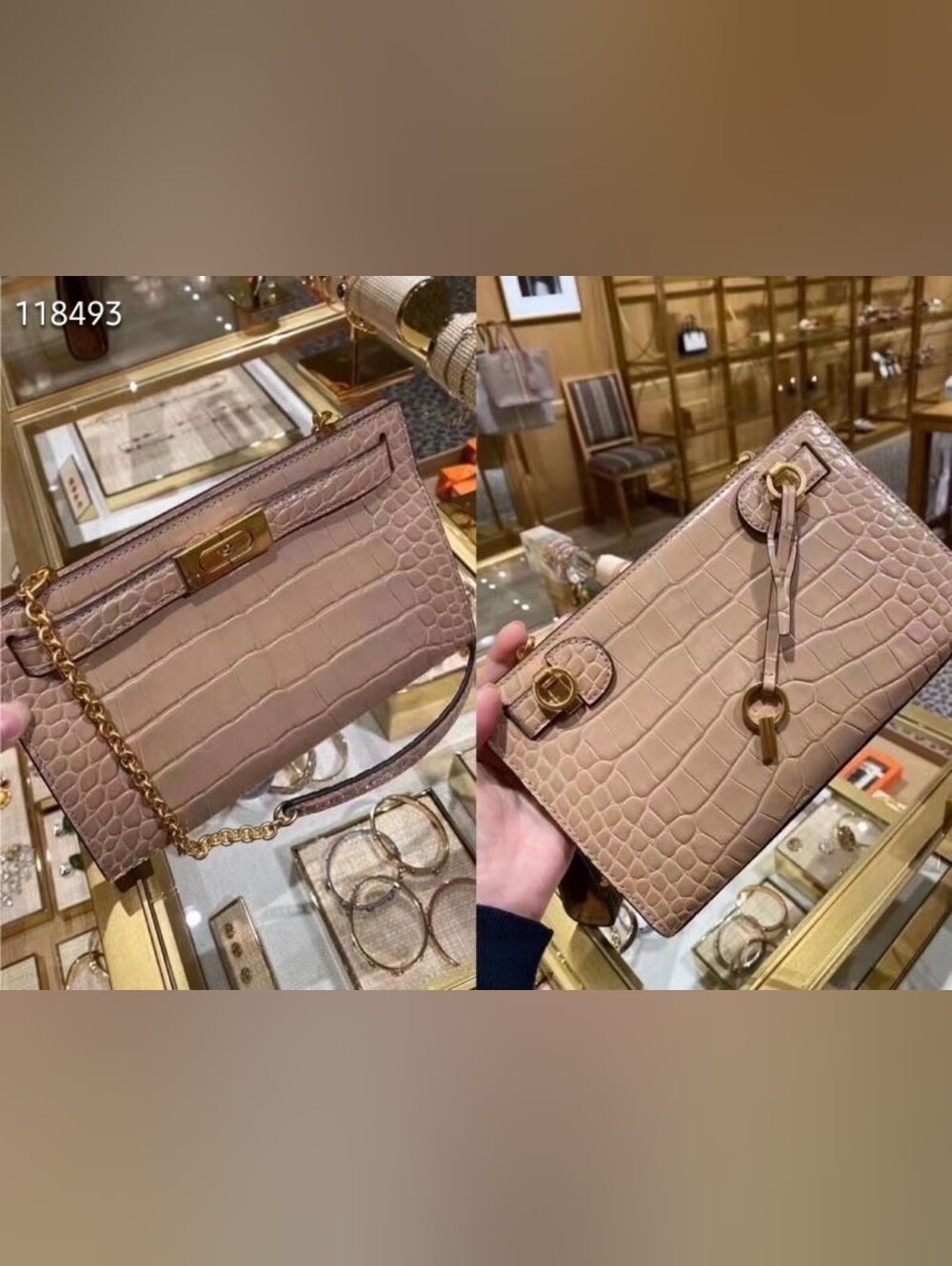 Tory Burch Lee Radzwill Croc-Embossed Taupe Chain Crossbody Bag